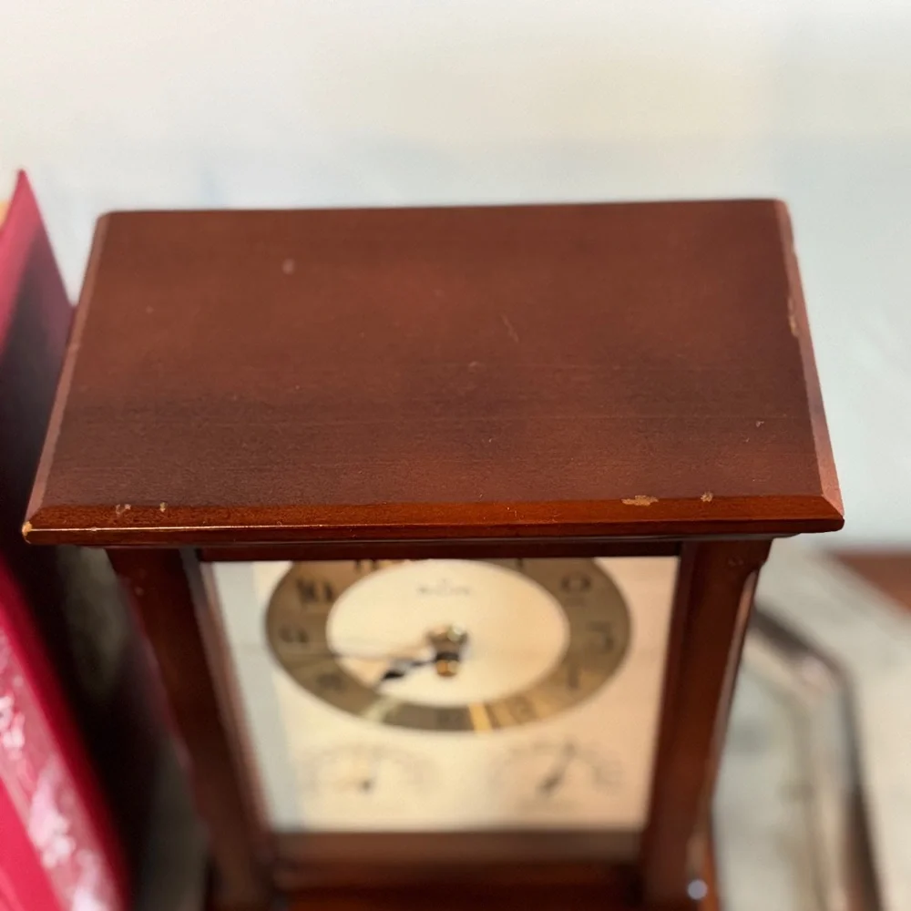 Vintage Bulova Gold and Brown Mantle Clock with Thermometer and Hygrometer